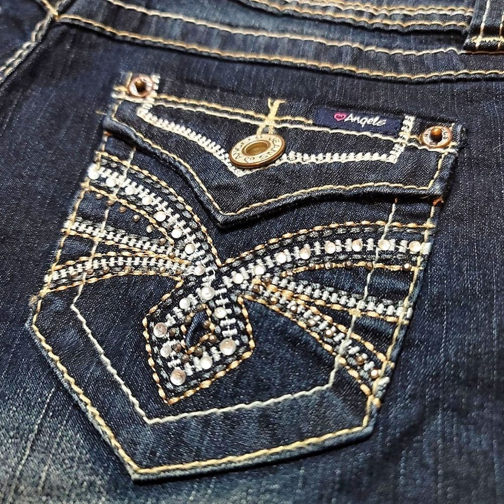 Angels Jeans Low-Rise Y2K Blue Denim White Stitching Shorts - Picture 6 of 7